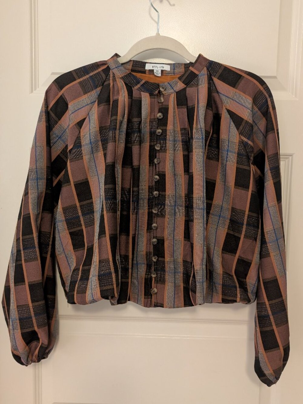 BTFL-Life Plaid Long Sleeve Peplum Blouse | XS | Brown & Blue